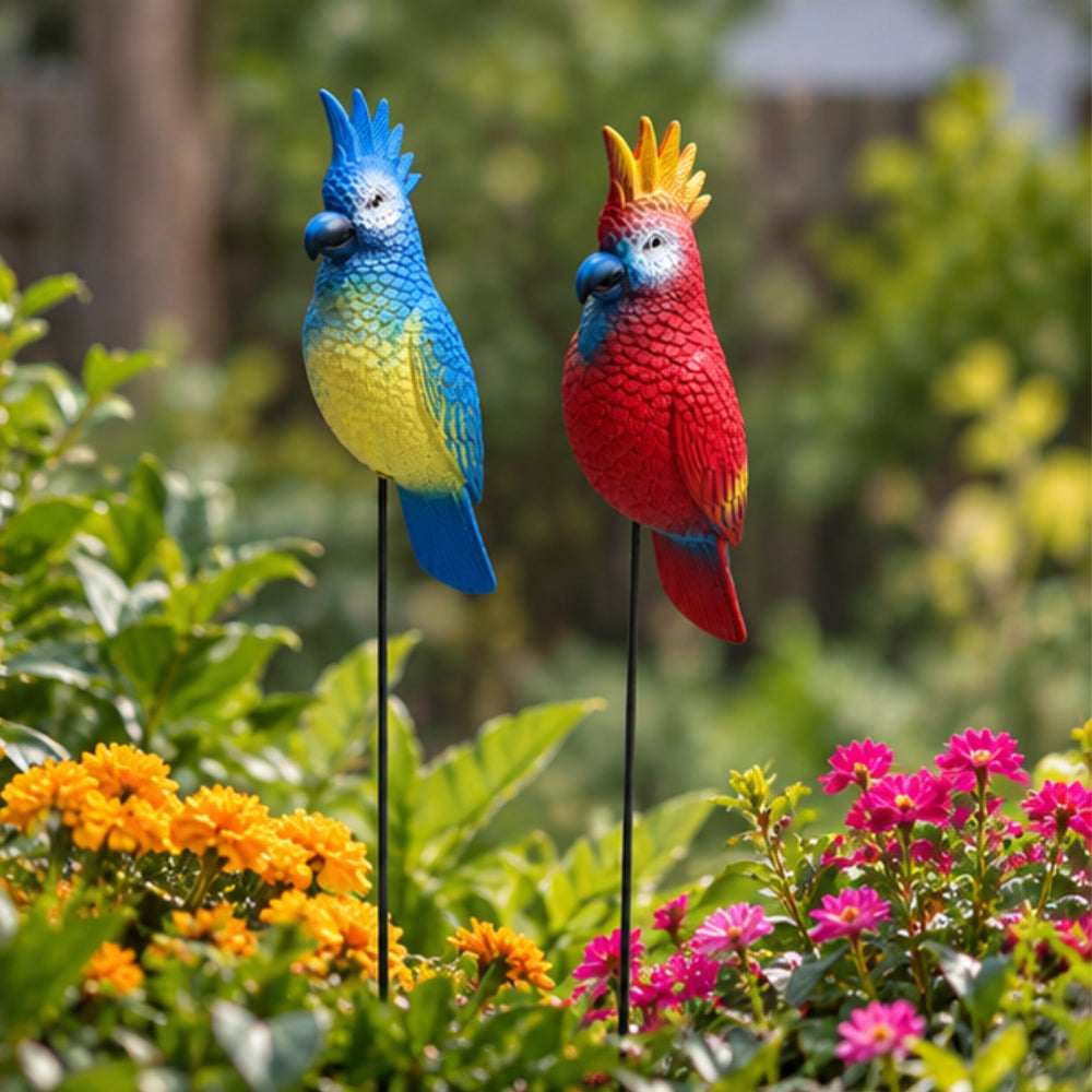 Vibrant Tropical Parrot Garden Stakes (Set of 2) – Red & Blue Hand-Painted Bird Sticks for Flowerbeds & Lawn Borders