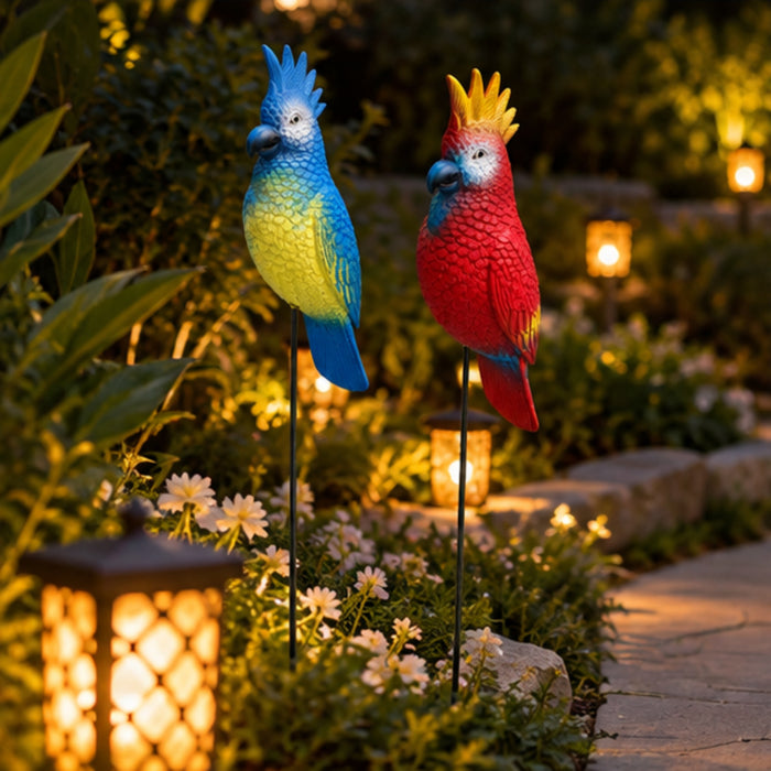 Vibrant Tropical Parrot Garden Stakes (Set of 2) – Red & Blue Hand-Painted Bird Sticks for Flowerbeds & Lawn Borders