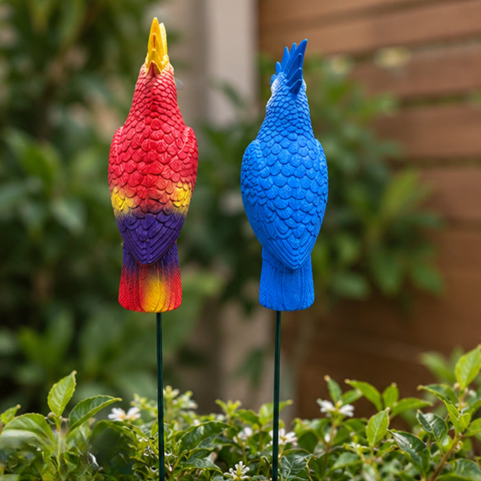 Vibrant Tropical Parrot Garden Stakes (Set of 2) – Red & Blue Hand-Painted Bird Sticks for Flowerbeds & Lawn Borders