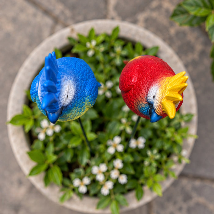 Vibrant Tropical Parrot Garden Stakes (Set of 2) – Red & Blue Hand-Painted Bird Sticks for Flowerbeds & Lawn Borders