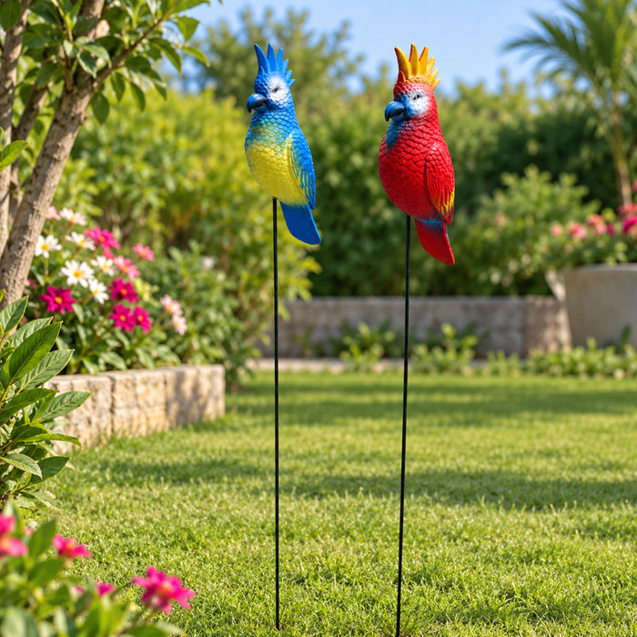 Vibrant Tropical Parrot Garden Stakes (Set of 2) – Red & Blue Hand-Painted Bird Sticks for Flowerbeds & Lawn Borders
