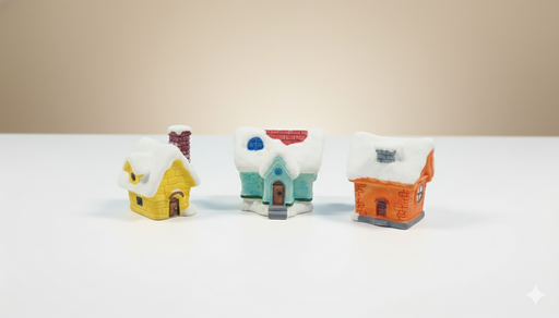 Three colorful miniature ceramic Christmas village houses (yellow, blue-green, and orange) with snow-covered roofs are arranged on a light brown surface with a slightly darker brown background. The product is clearly visible and centered.