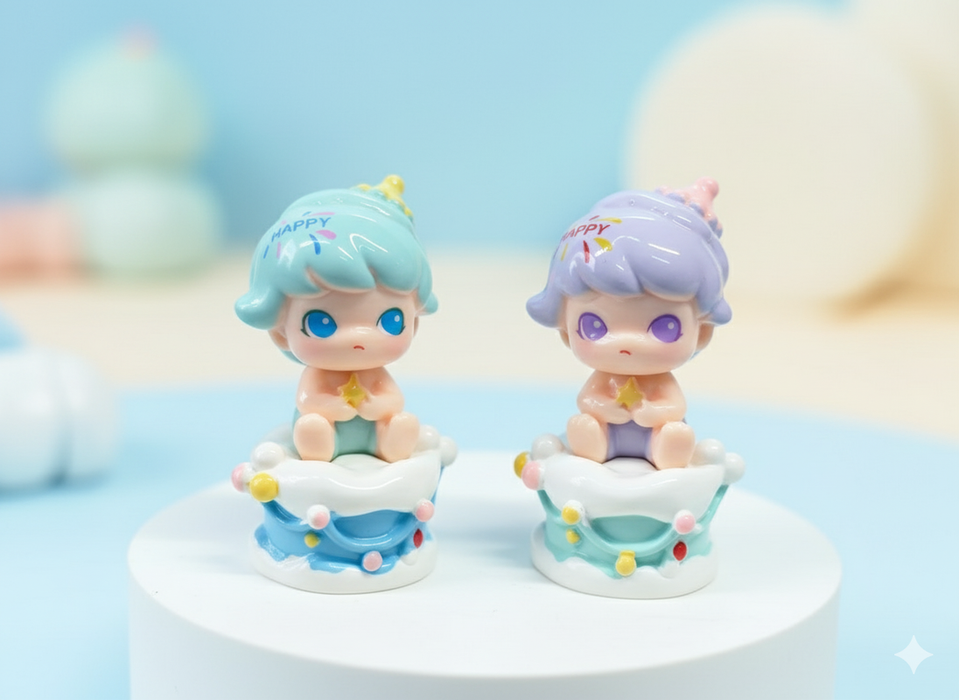 Collectible mini-figures on white pedestal, one mint blue and one lilac purple, sitting in decorative cake cups with "Happy" on the hair.