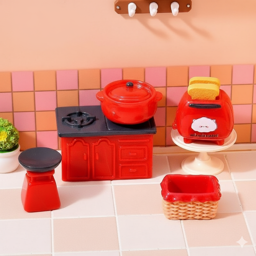 1:12 scale dollhouse kitchen miniature set featuring a red stove, pot, toaster , kitchen scale, and a woven basket on a tiled background.