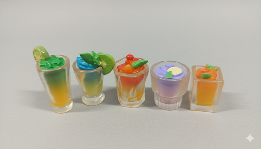 Five colorful miniature cocktail and dessert drink figurines in assorted clear plastic glasses, garnished with tiny fruit slices and mint leaves.