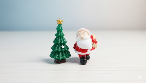 Close-up of a small resin Santa Claus figurine next to a miniature green Christmas tree with a gold star, on a clean, light wood surface.