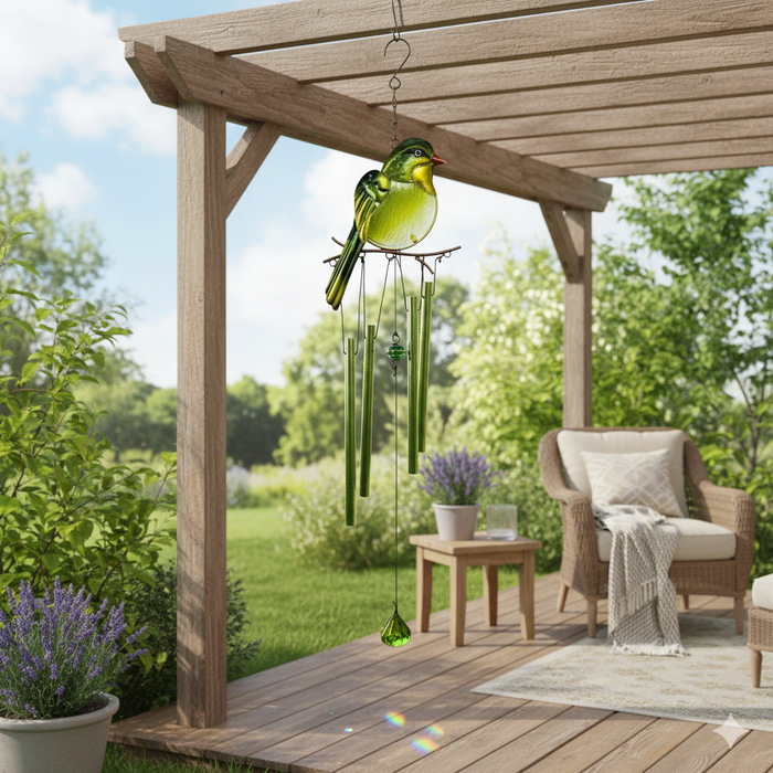 Wonderland Decorative Green Glass Bird and Metal Tube Wind Chime for Garden Decor