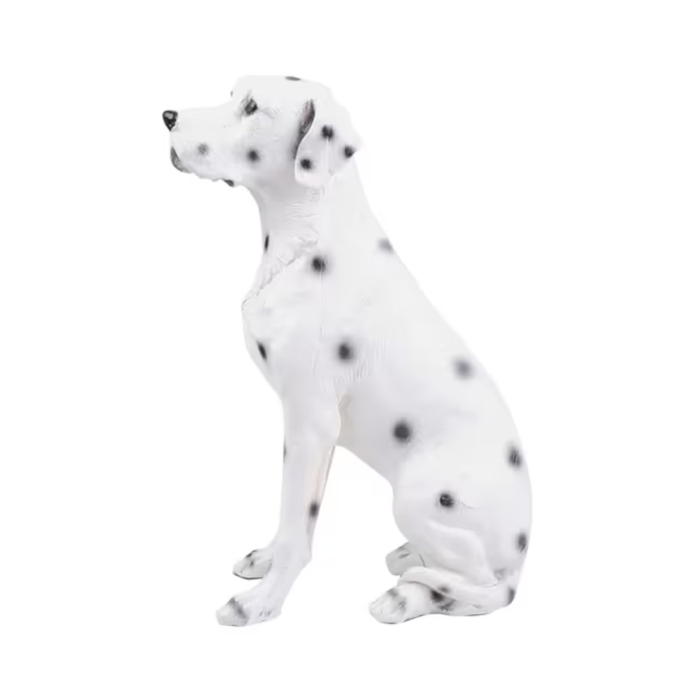 A black and white sketch of a spotted Dalmatian dog sitting upright, facing left.