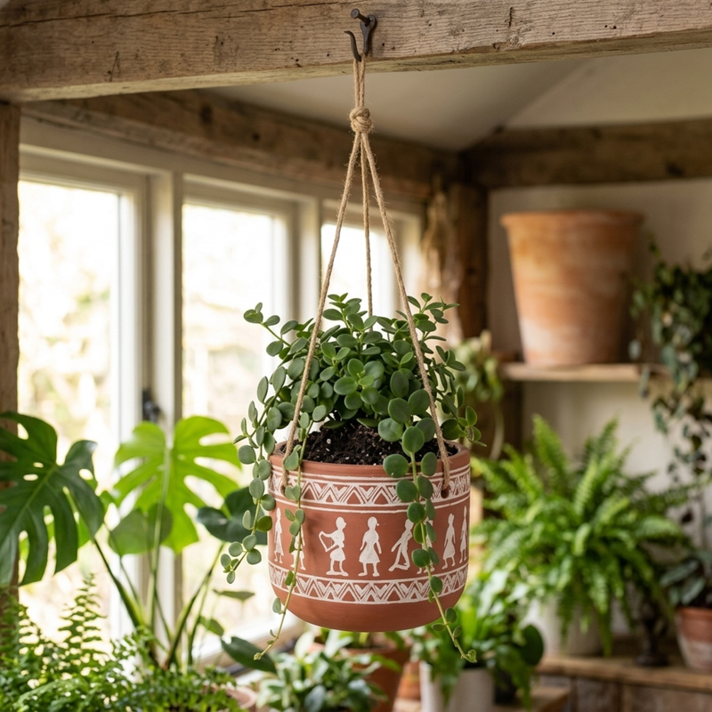 Terracotta Folk Art Hanging Planter-Hanging Planter-Cute Plant Pot - For Indoor/Outdoor Decor, For Plants, Flowers, And Herbs White