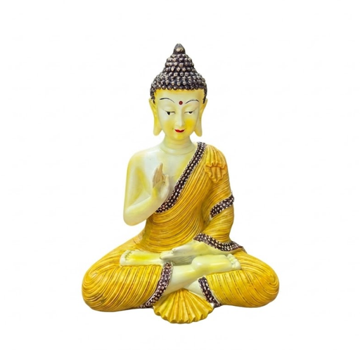 Yellow and white resin Buddha statue in Abhaya Mudra blessing pose,