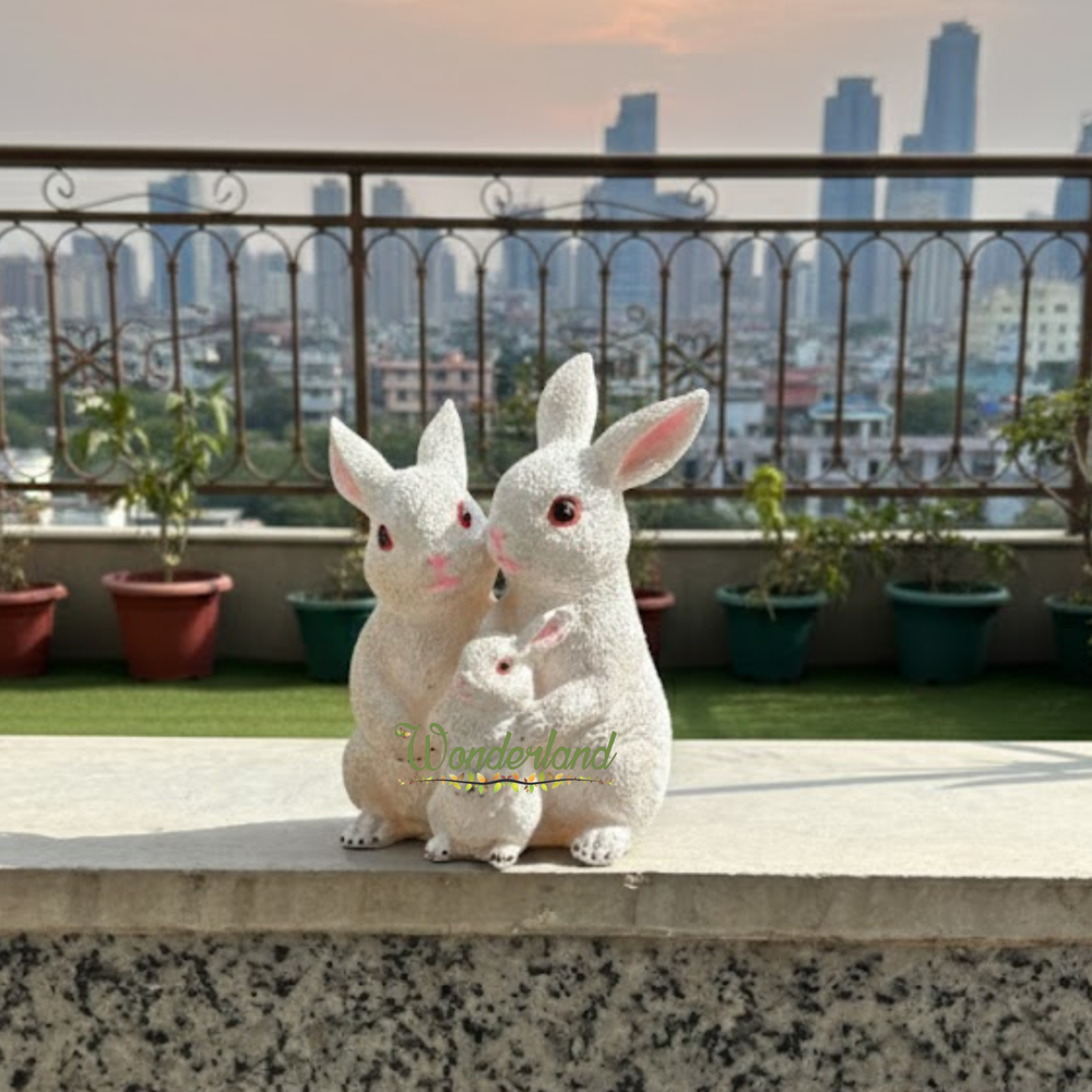 5 Inch White Rabbit Family Statue for Garden Décor