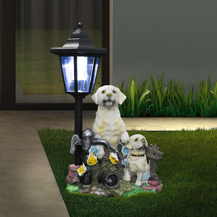 Solar Powered Golden Retriever Garden Statue with Vintage Lamp Post - Hand-Painted Weather-Resistant Outdoor Puppy Sculpture