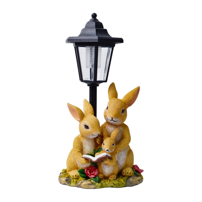 Solar Powered Rabbit Family Garden Statue with Lantern – Whimsical Bunny Reading Figurine for Outdoor Decor, Patio, and Lawn (13-inch)