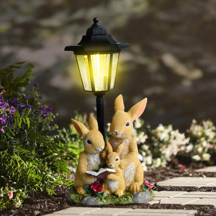 Solar Powered Rabbit Family Garden Statue with Lantern – Whimsical Bunny Reading Figurine for Outdoor Decor, Patio, and Lawn (13-inch)