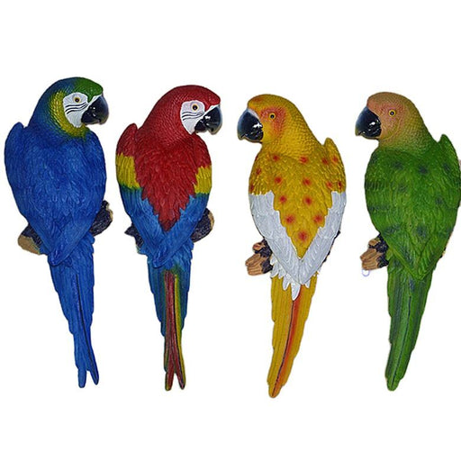 Set of four realistic resin parrot figurines in vibrant blue, red, yellow, and green colors, designed for tropical wall décor and garden accents.