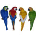 Set of four realistic resin parrot figurines in vibrant blue, red, yellow, and green colors, designed for tropical wall décor and garden accents.