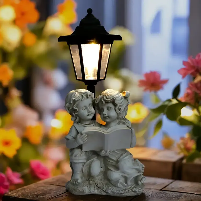 Solar Powered Garden Statue – Boy and Girl Reading Under Vintage Lamp Post – Weatherproof Resin Outdoor Figurine (13.1 Inches)