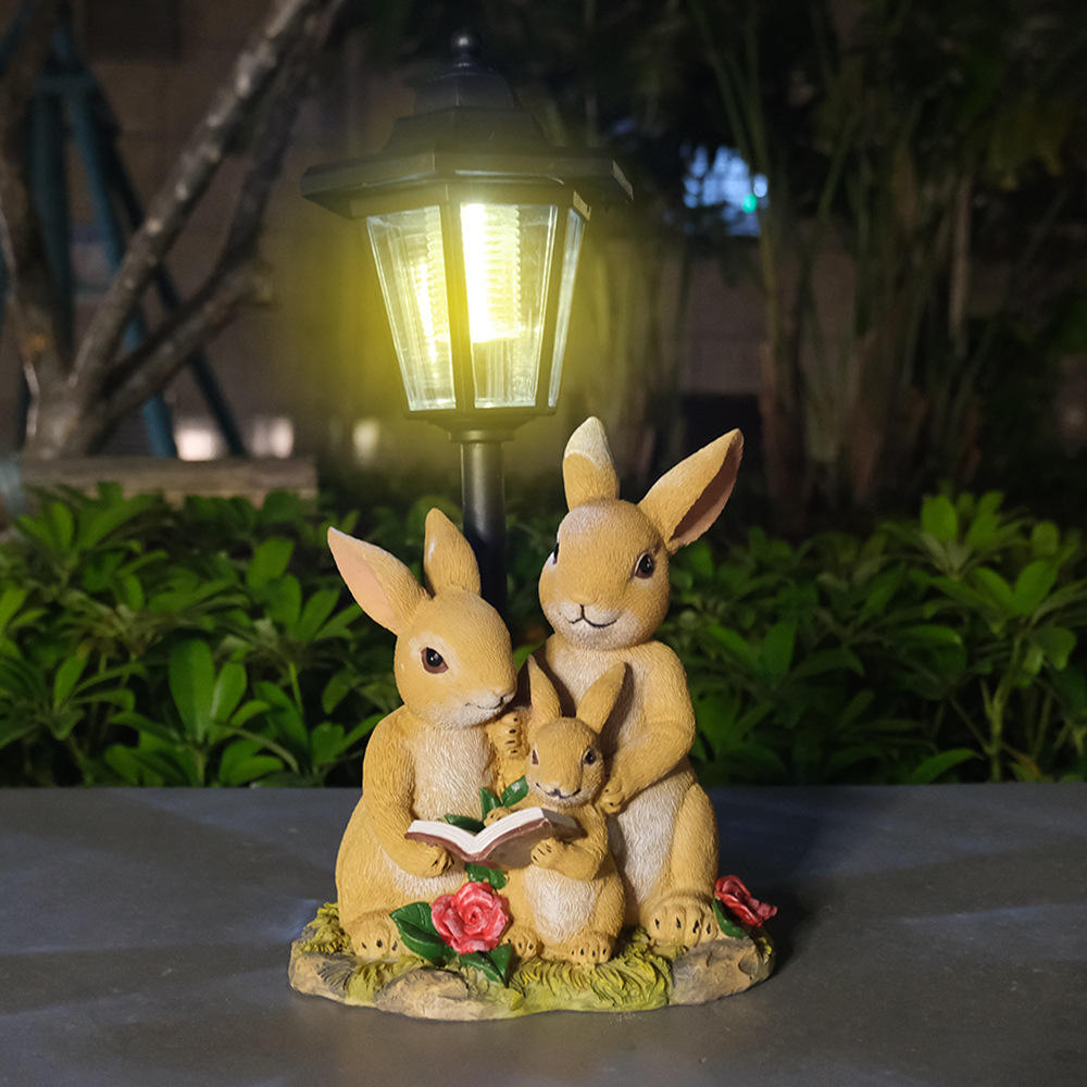Solar Powered Rabbit Family Garden Statue with Lantern Solar Light