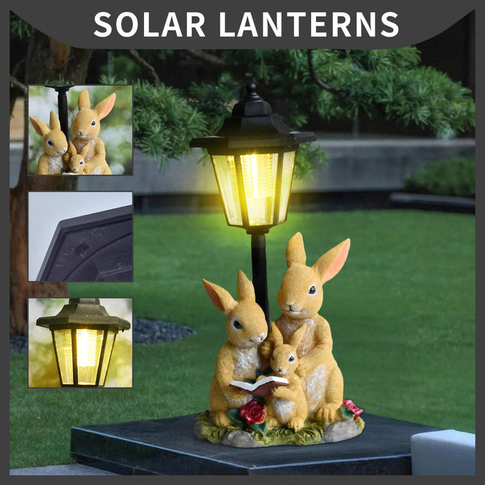 Solar Powered Rabbit Family Garden Statue with Lantern – Whimsical Bunny Reading Figurine for Outdoor Decor, Patio, and Lawn (13-inch)