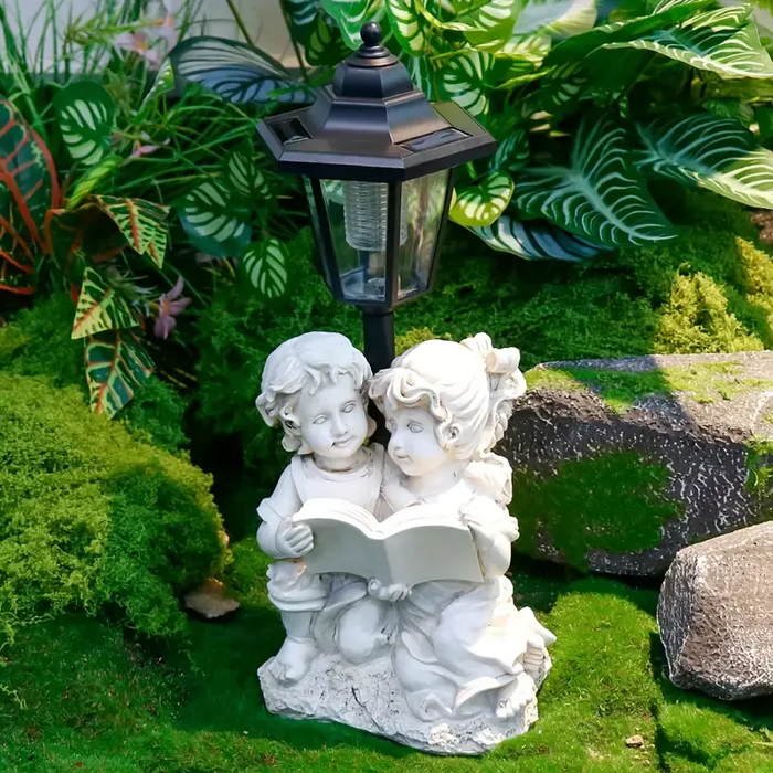 Solar Powered Garden Statue – Boy and Girl Reading Under Vintage Lamp Post – Weatherproof Resin Outdoor Figurine (13.1 Inches)