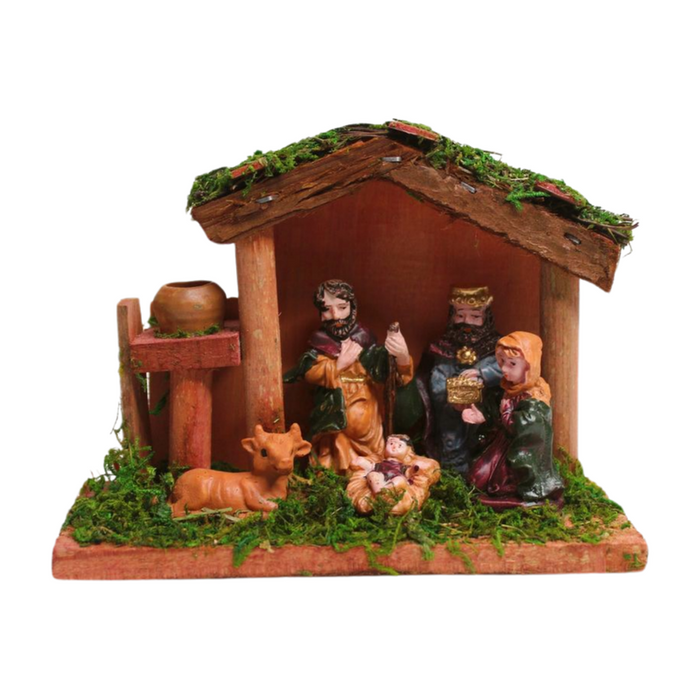 Wonderland Wooden hut stable Christmas crib nativity, resin, decoration