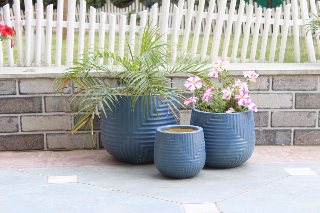 Wonderland Set of 3 blue embossedImported ceramic pots for exterior/ Outdoor