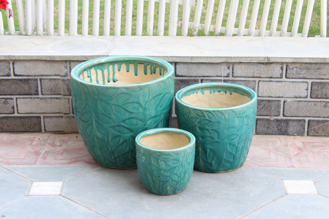 Wonderland Set of 3 seagreen imbossed Imported ceramic pots for exterior/ Outdoor