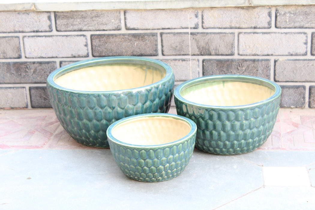 Wonderland Set of 3 green Imported ceramic pots for exterior/ Outdoor