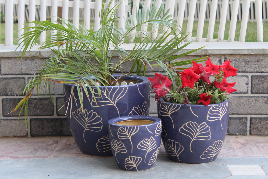 Wonderland Set of 3 blue floral Imported ceramic pots for exterior/ Outdoor