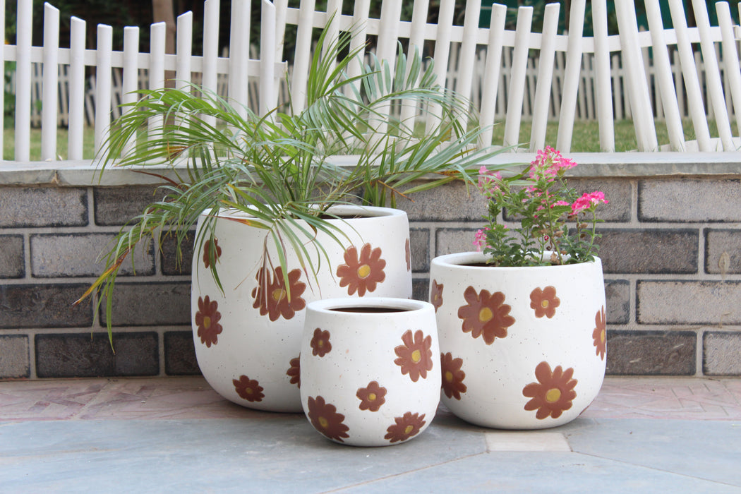 Wonderland Set of 3 orange flower Imported ceramic pots for exterior/ Outdoor