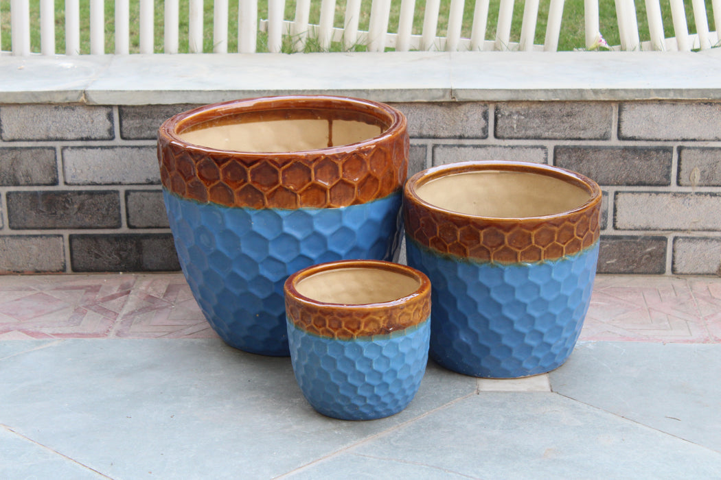 Wonderland Set of 3 brown and blue Imported ceramic pots for exterior/ Outdoor