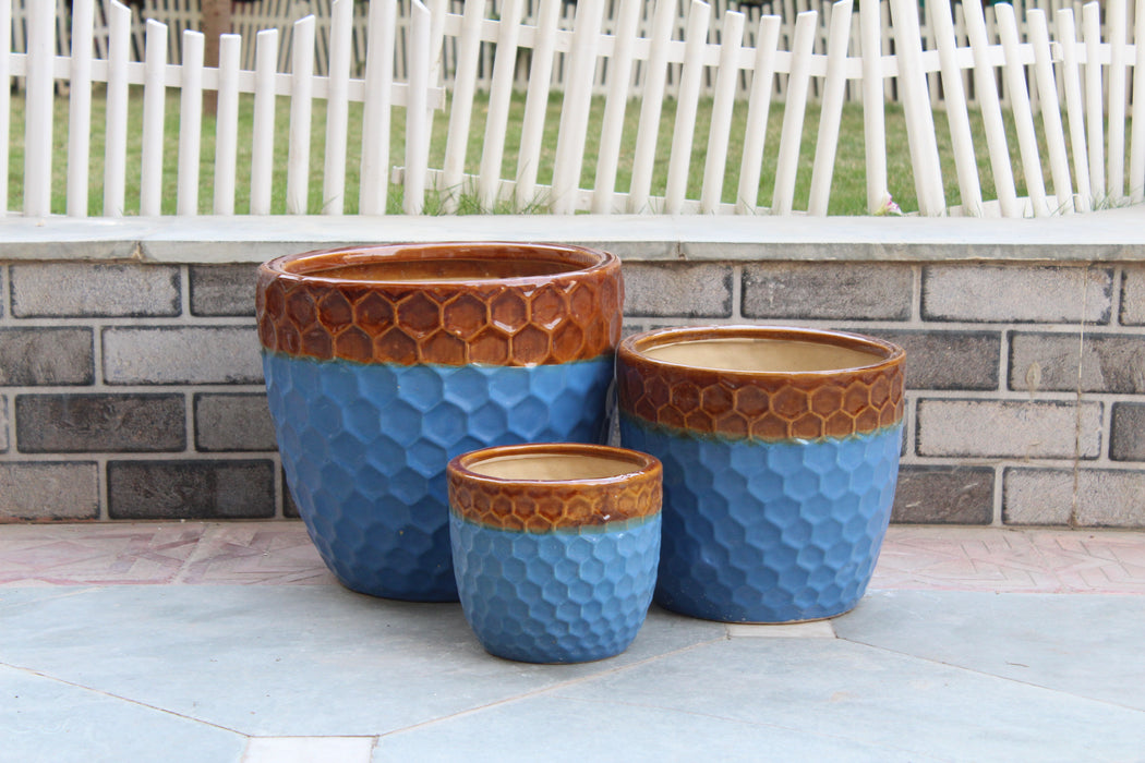 Wonderland Set of 3 brown and blue Imported ceramic pots for exterior/ Outdoor