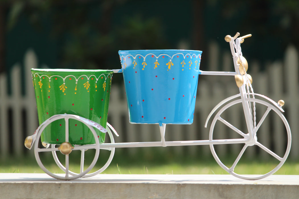 Wonderland Bicycle Pot Stand With Two Attached  Buckets - Flower Display Stand for Patio Deck Garden Lawn - Outdoor Flower Pots Stand Plant Accessories