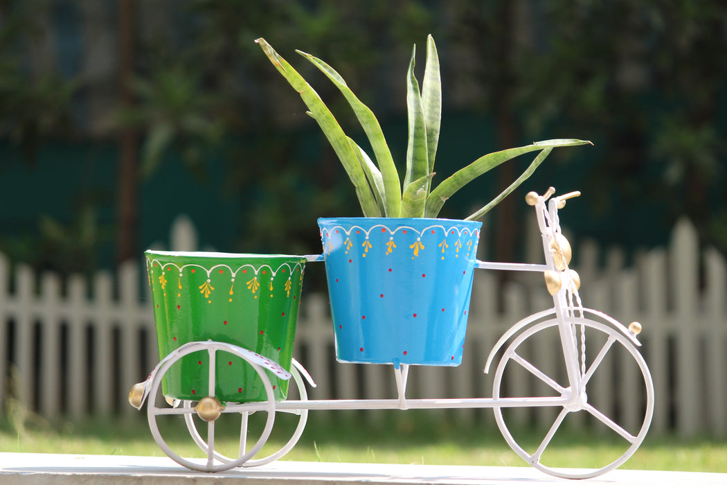 Wonderland Bicycle Pot Stand With Two Attached  Buckets - Flower Display Stand for Patio Deck Garden Lawn - Outdoor Flower Pots Stand Plant Accessories