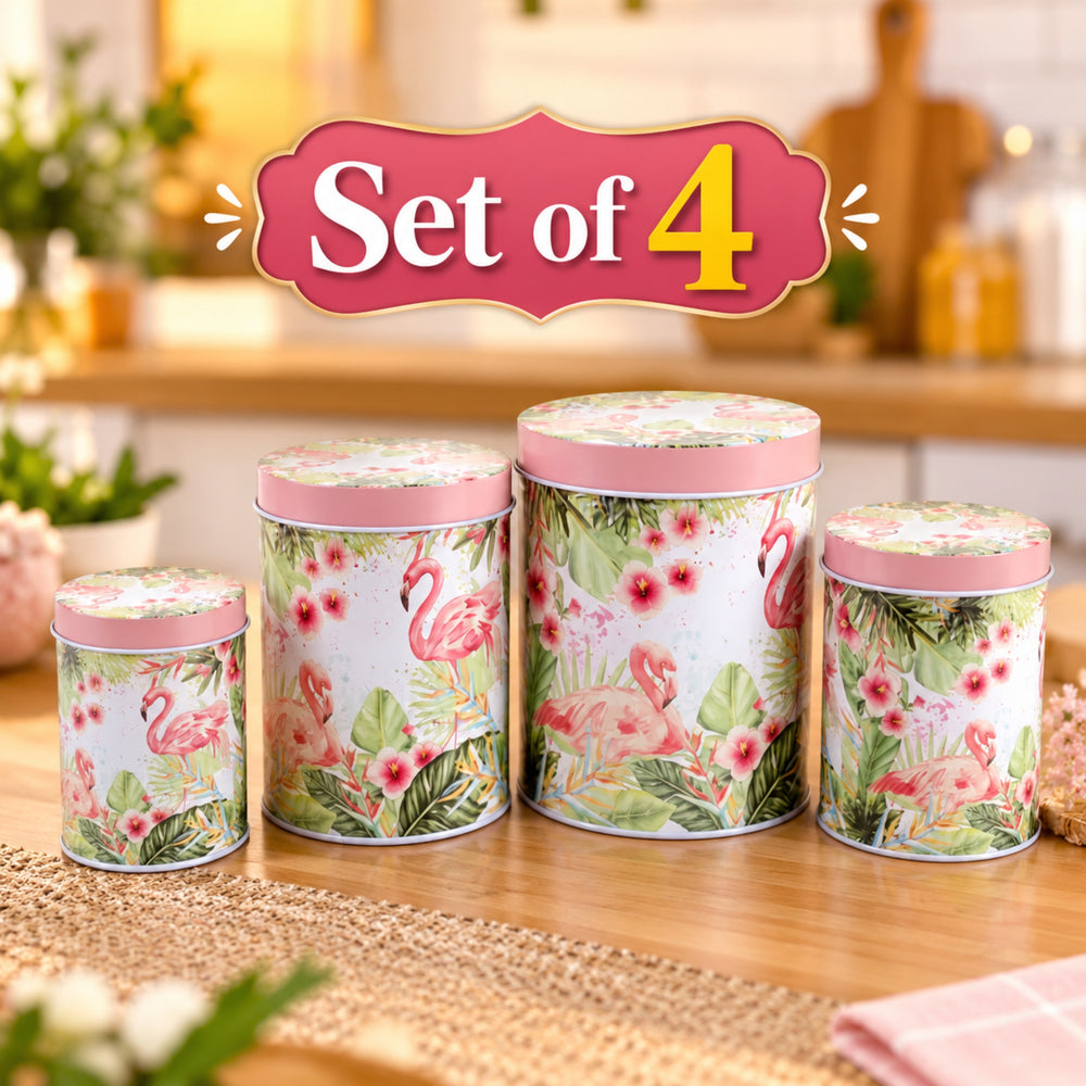 (Set of 4) Metal Pink Flamingo Storage containers