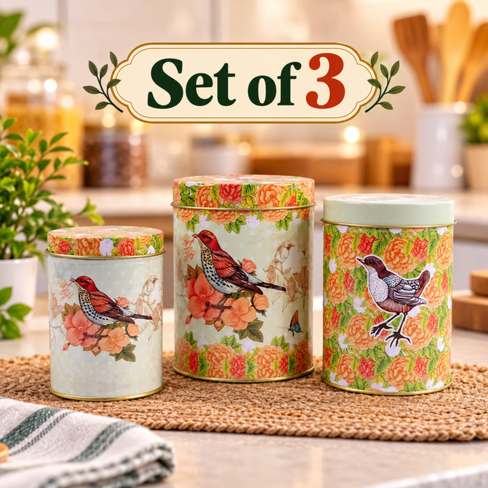 (Set of 3) Metal orange floral with birds storage Containers