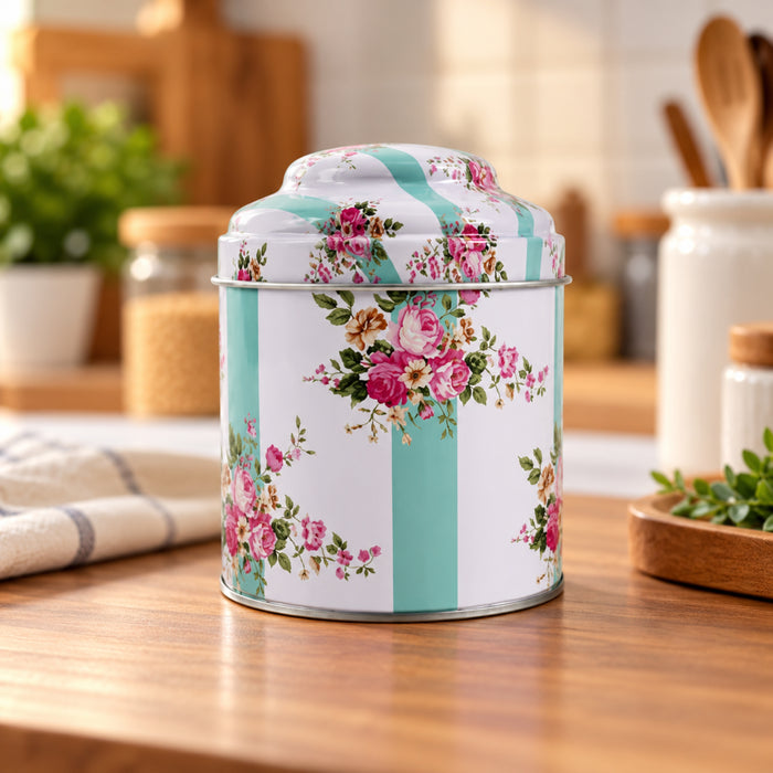 Metal floral print storage container
