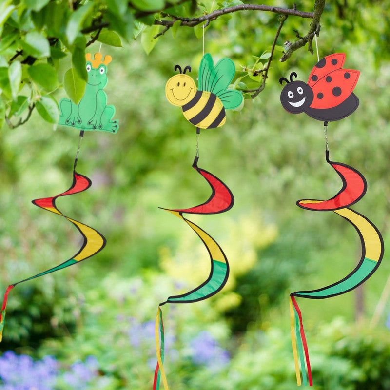 Garden Wind Spinner Hanging Decor Set with Frog, Bee & Ladybug Designs