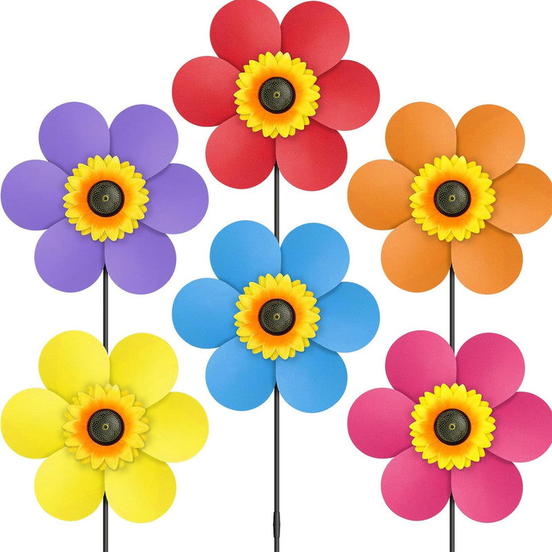 6 Pc Colorful Flower Windmill Garden Decor | Decorative Pinwheel Windmill