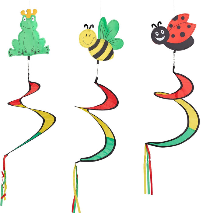 Garden Wind Spinner Hanging Decor Set with Frog, Bee & Ladybug Designs