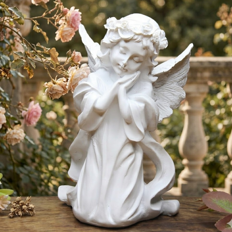 White cherub angel figurine kneeling in prayer with wings and flower crown, placed on a wooden surface.