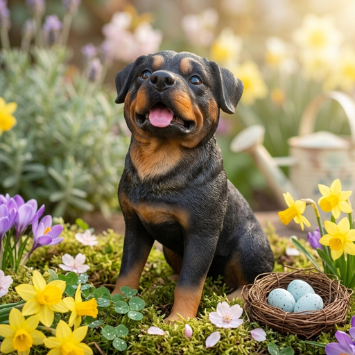 A realistic black and tan puppy garden statue with a joyful expression, sitting on a white wooden bench against a red brick wall.