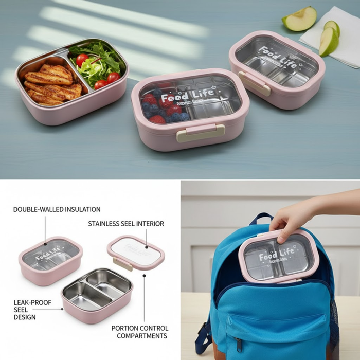 Kids- 850 ml Lunch SS Box Stainless Steel Food Life (price per pc)|Leak-Proof Tiffin Box for Kids | Premium School and Picnic Lunch Box- 8x6.5x3 inch