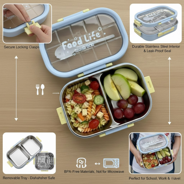 Kids- 850 ml Lunch SS Box Stainless Steel Food Life (price per pc)| Leak-Proof Tiffin Box for Kids & Adults | Premium School, Office, and Picnic Lunch Box- 8x6.5x3inch