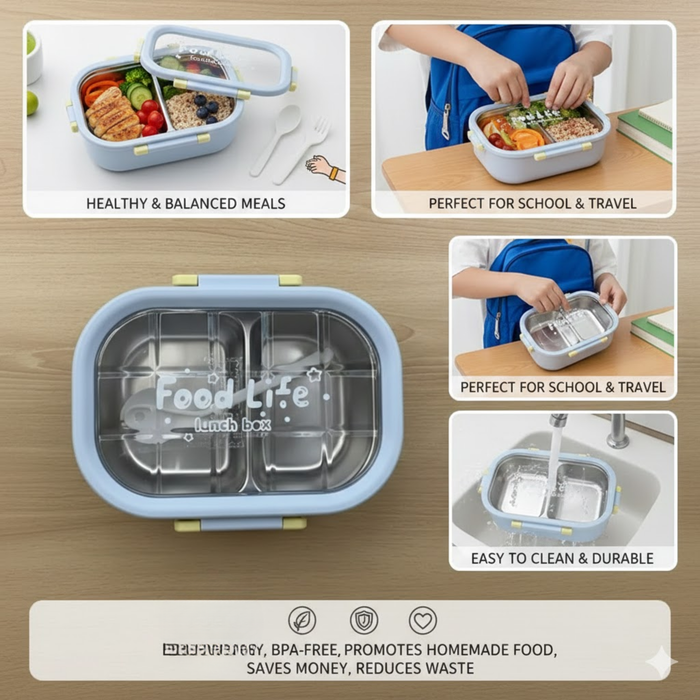 Kids- 850 ml Lunch SS Box Stainless Steel Food Life (price per pc)| Leak-Proof Tiffin Box for Kids & Adults | Premium School, Office, and Picnic Lunch Box- 8x6.5x3inch