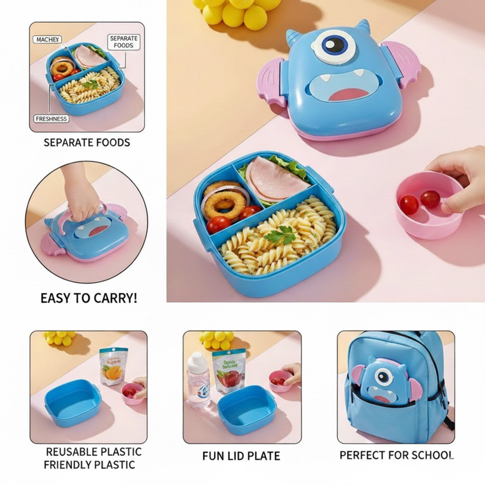 Kids- Lunch 750 ml food grade plastic monster shape|Leak-Resistant, Lightweight Lunch Container for School & Travel- 7x7x3 inch