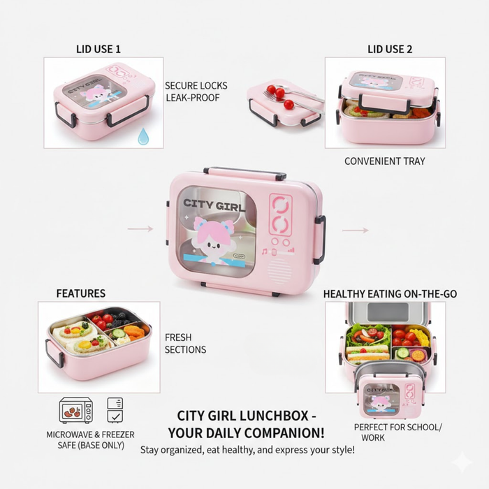 Kids- 690 ml SS City girl (green colour bento box design city girl design)|Leak-Proof Tiffin Box for Kids | Premium School and Picnic Lunch Box- 9x7x3 inch