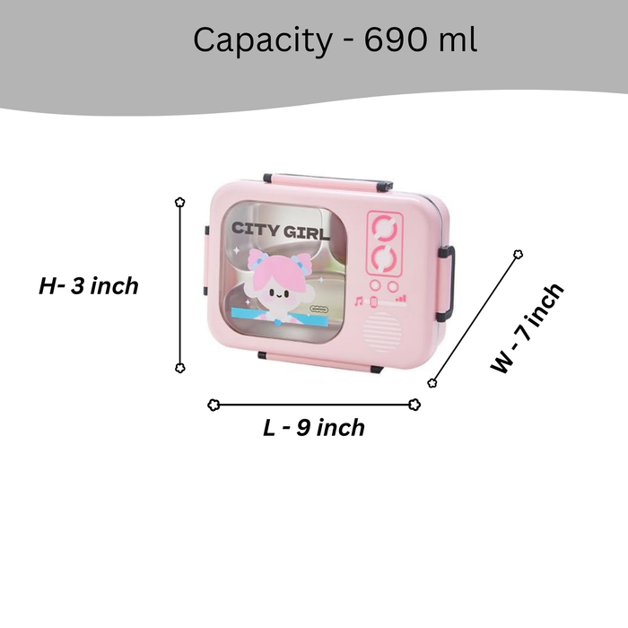 Kids- 690 ml SS City girl (green colour bento box design city girl design)|Leak-Proof Tiffin Box for Kids | Premium School and Picnic Lunch Box- 9x7x3 inch