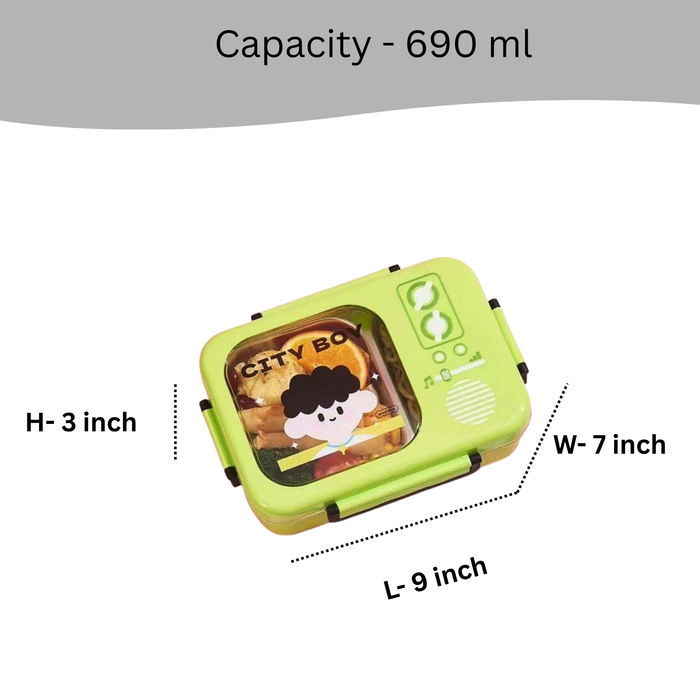 Kids- 690 ml SS City boy (green colour bento box design city boy design|)|Leak-Proof Tiffin Box for Kids | Premium School and Picnic Lunch Box- 9x7x3 inch