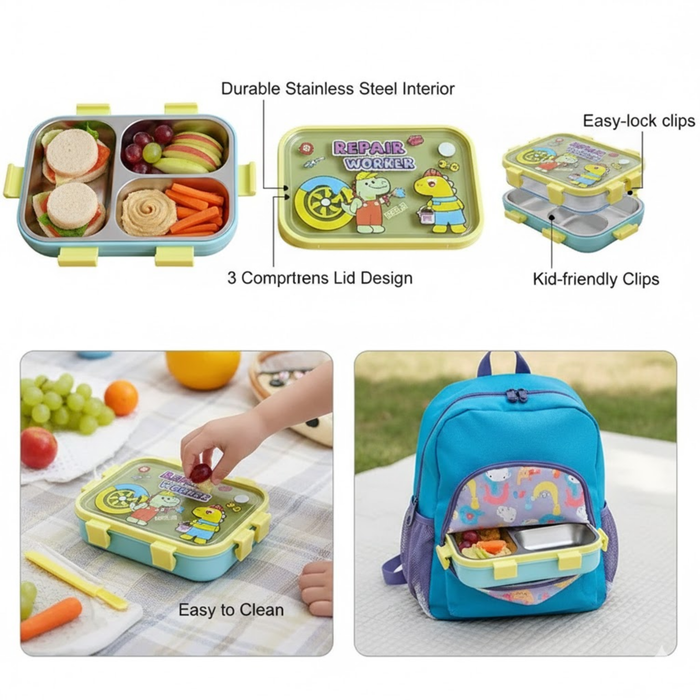 Kids- 1000 ml + 150 ml Lunch SS Box Cartoon Design Stainless Steel Tiffin Box(price per pc)| Leak-Proof Tiffin Box for Kids | Premium School and Picnic Lunch Box- 10x7.5x3 inch